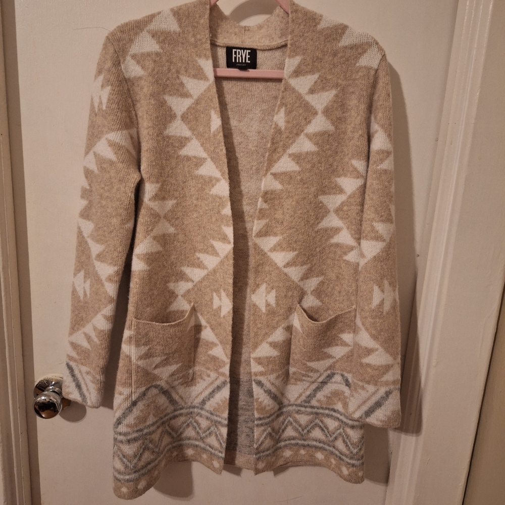 Frye Patterned Cardigan Sweater Oatmeal Heather Combo (Tan) Size Small